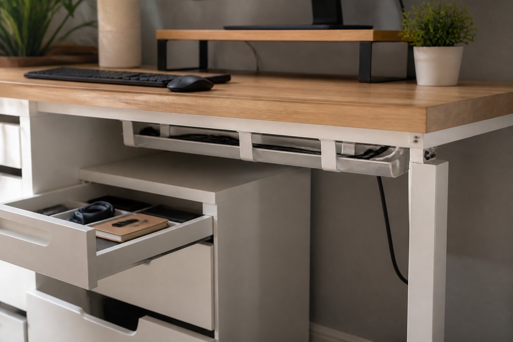 Close-up of a neatly organised compact desk setup with cable trays securing cords, drawer storage holding supplies, and a monitor riser creating vertical space in a small apartment workspace