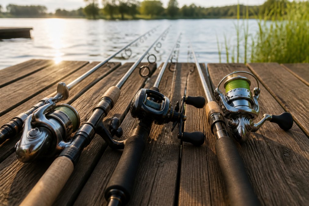 Close-up of assorted fishing rods with spinning reels and baitcasting equipment arranged on a wooden dock surface with natural morning light reflecting off the water