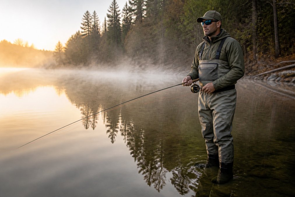 Angler wearing breathable waders and polarized sunglasses standing in shallow water at dawn, with morning mist rising from the surface and trees reflected in calm water