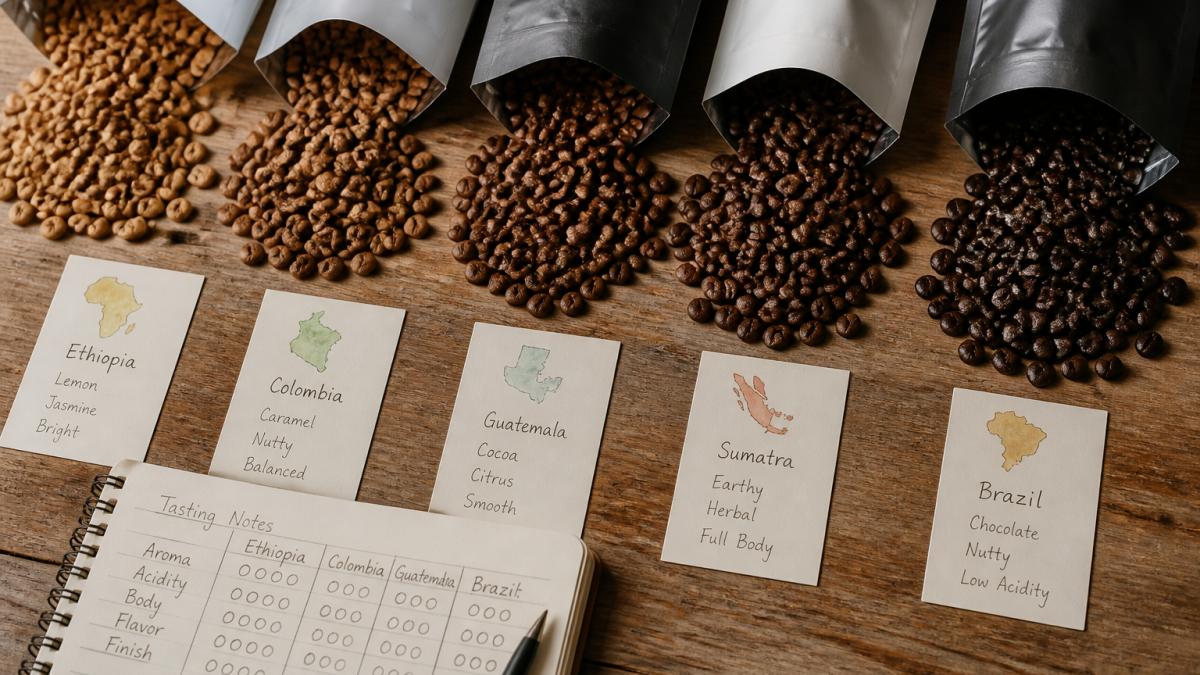 Overhead shot of open specialty coffee bags from different regions with roasted beans spilling out, showing color variation from light to dark roasts, arranged on a wooden surface with origin cards and tasting notes