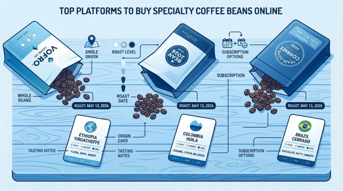 Professional illustration showing specialty coffee beans online