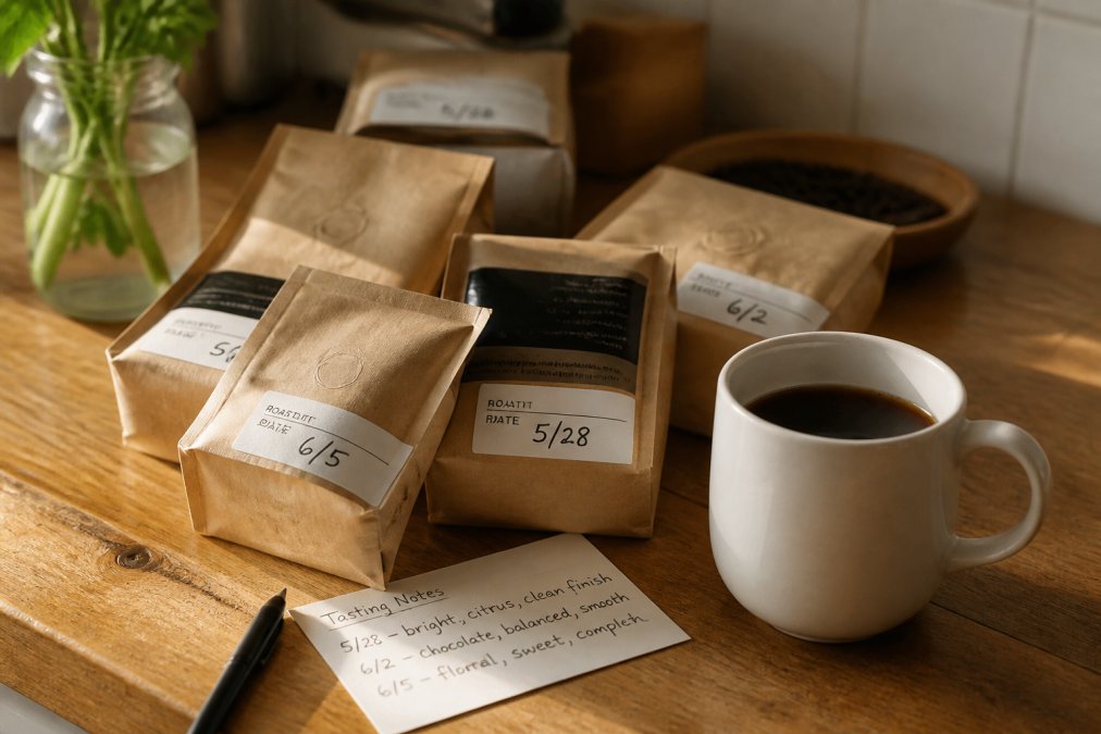 A neatly arranged flat lay of several small kraft paper coffee bags with visible roast date labels on a worn wooden kitchen counter, alongside a white ceramic mug and a small card with handwritten tasting notes, photographed in warm morning light