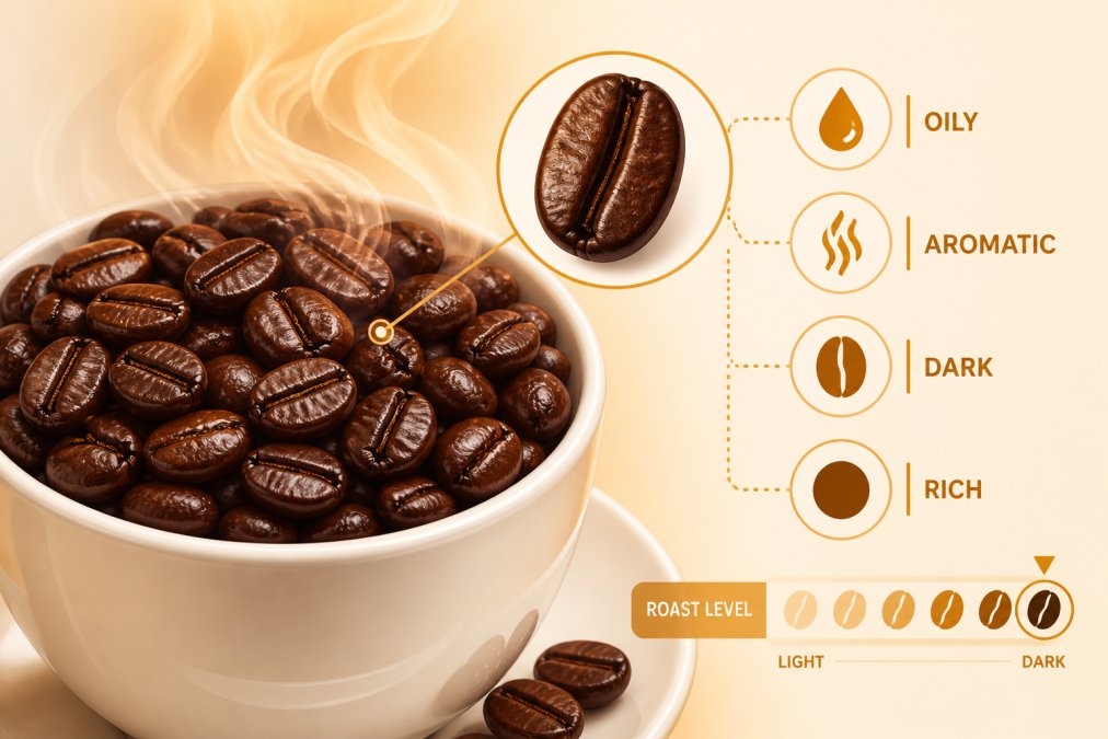 Close-up of glossy, dark roasted specialty coffee beans in a white ceramic cup with aromatic steam rising, showing the rich chocolate-brown color and oily surface characteristic of freshly roasted beans