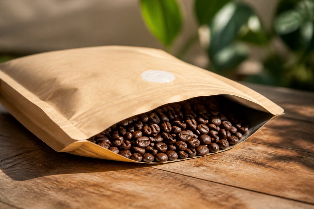 Close-up of freshly roasted whole bean specialty coffee in a matte kraft bag with a one-way valve, resting on a wooden surface with soft natural light