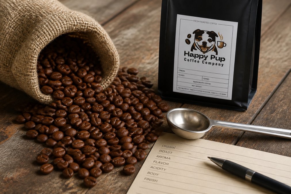 Close-up of freshly roasted whole bean coffee spilling from a small burlap sack onto a worn wooden table, with a silver cupping spoon and a handwritten tasting notes card placed beside it, warm natural side lighting