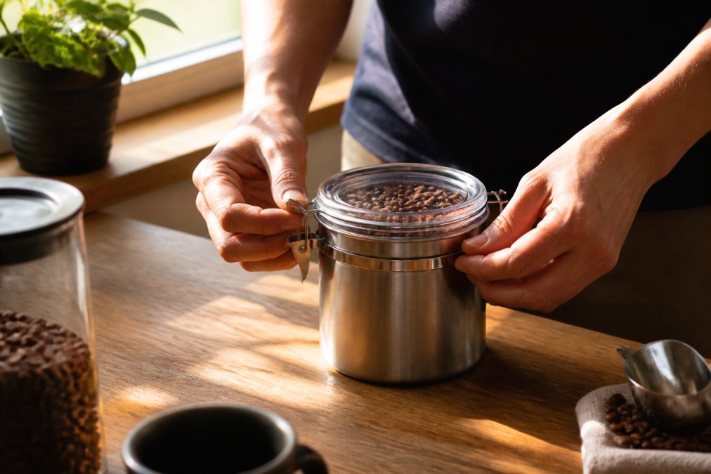 Hands carefully sealing an airtight stainless steel container filled with whole specialty coffee beans on a kitchen counter with warm morning sunlight streaming through a nearby window