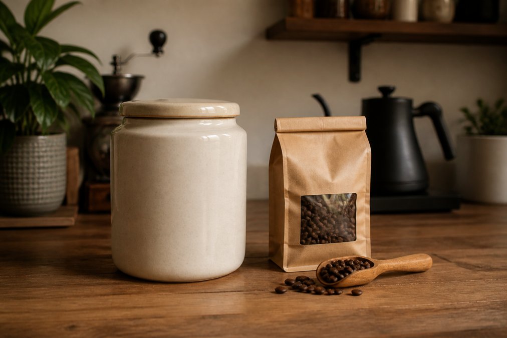 An airtight ceramic canister with a sealed lid sitting on a kitchen counter next to a small bag of whole bean coffee, away from a window, with warm ambient light
