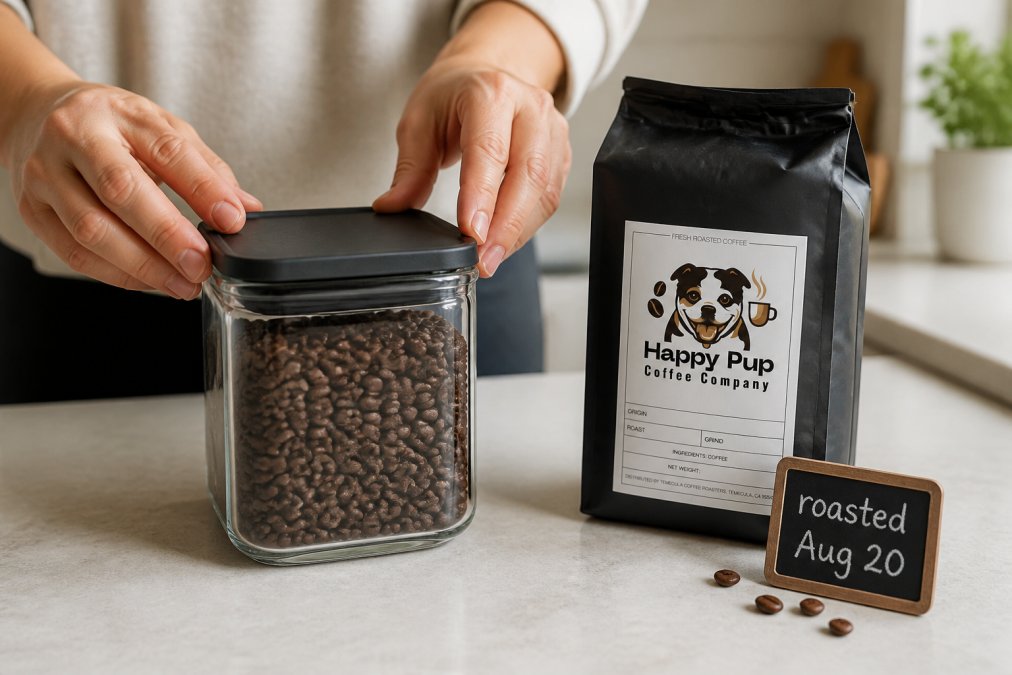 A pair of hands pressing down the lid of a clear glass airtight coffee canister on a light-colored kitchen counter, with an open bag of whole bean specialty coffee and a small chalkboard label reading "roasted Aug 20" visible beside it, soft natural window light
