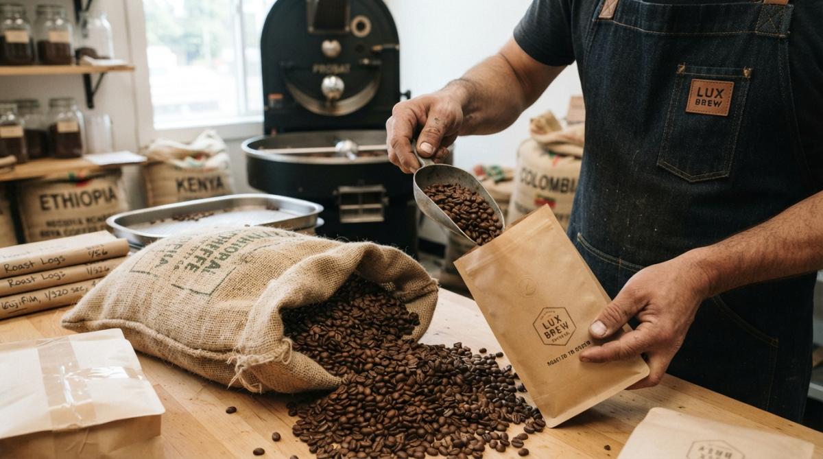 Close-up of a coffee roaster checking roasted beans in a cooling tray, with steam rising and roast date label visible on packaging nearby