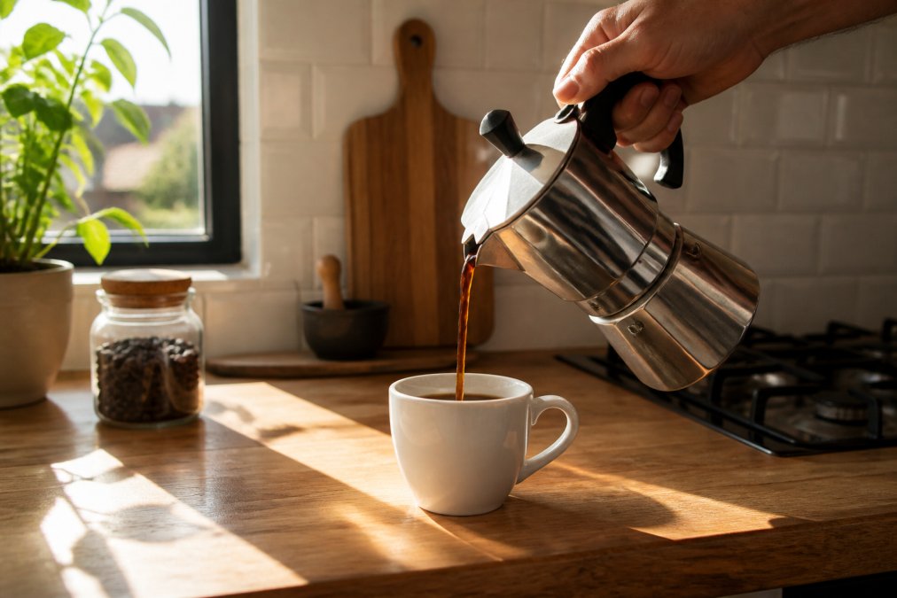 Hands pouring freshly brewed espresso from a stainless steel moka pot into a white ceramic cup on a wooden kitchen counter, warm morning light streaming through a window