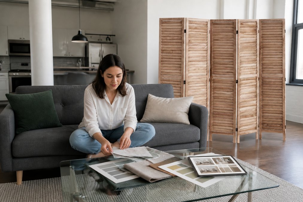 Young professional sitting cross-legged on a modern sofa in a sparsely furnished studio apartment, reviewing color swatches and fabric samples spread across a glass coffee table, tablet showing mood board open beside them, natural light streaming through window