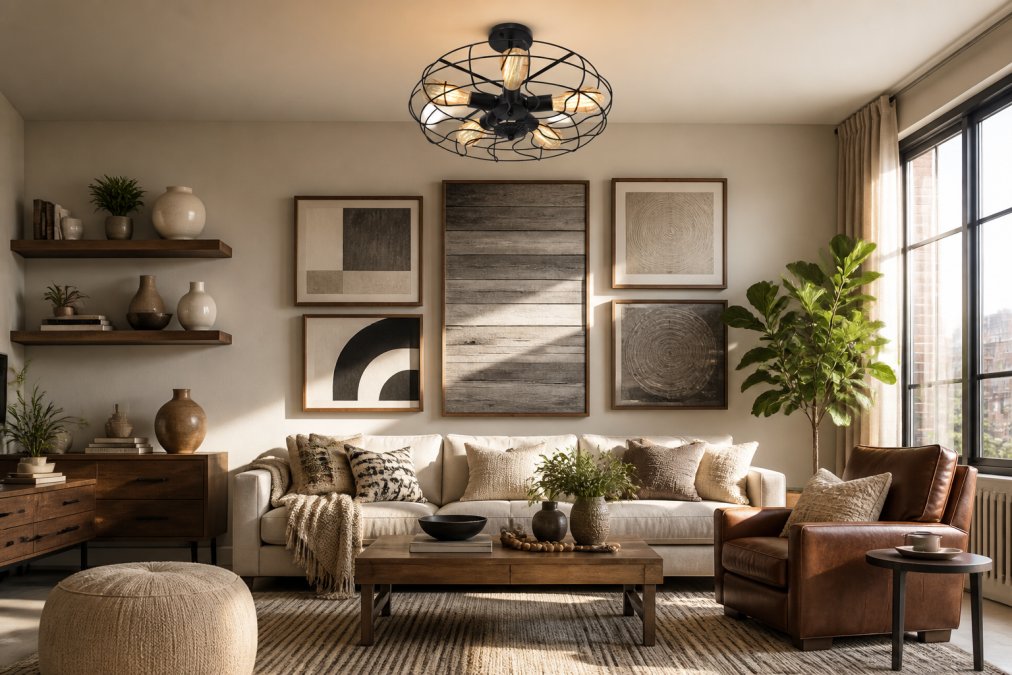 Styled apartment living room featuring a modern black iron sphere chandelier hanging above, gallery wall with gray wood art pieces, textured area rug in neutral tones, decorative ceramic vases on floating shelves, and a comfortable seating arrangement with throw pillows, warm afternoon light illuminating the coordinated decor elements