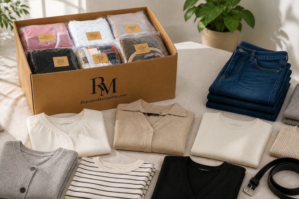 Flat lay of essential wardrobe pieces including neutral-colored blouses, jeans, and basic tops arranged neatly on a light surface with soft natural lighting