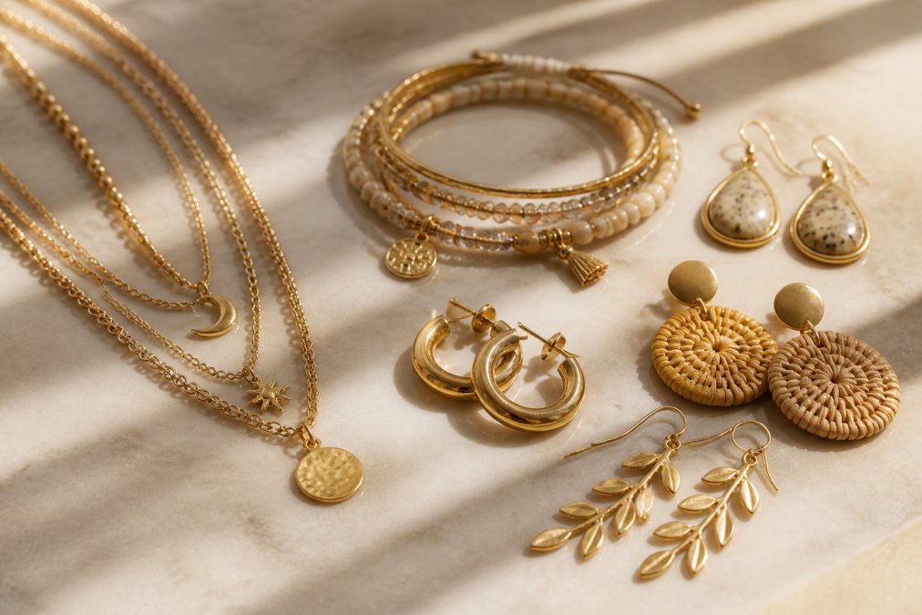 Close-up of various affordable jewelry pieces including delicate necklaces, layered bracelets, and statement earrings displayed on a neutral marble surface with warm lighting