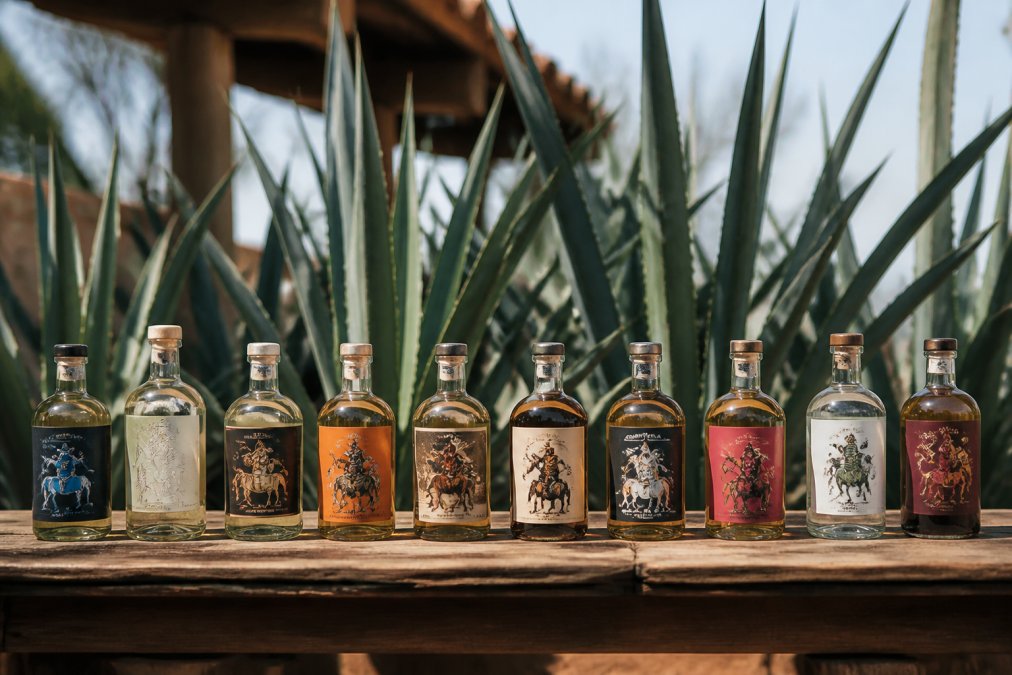 Curated selection of premium tequila bottles arranged on a wooden shelf with Mexican agave plants in soft natural daylight, showcasing diverse bottle shapes and labels