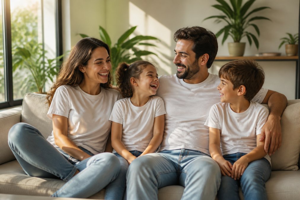 A happy family wearing matching organic cotton t-shirts in a bright, sunlit living room, laughing together while sitting on a neutral-colored sofa