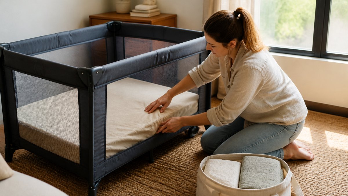 A parent kneeling beside a travel cot in a sunlit room, smoothing a linen sheet over the mattress and checking the corners fit snugly, with a soft bag of folded bedding nearby