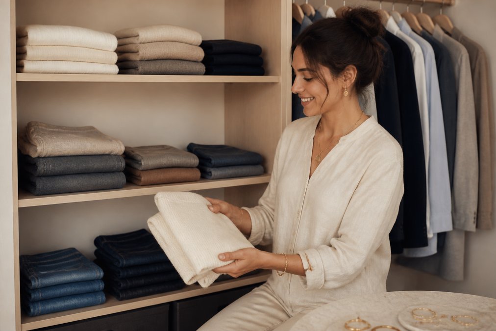 A minimalist home closet displaying a curated collection of neutral-toned, high-quality basics in organic cotton and natural fibers, neatly folded and organized on shelves with natural morning light streaming through a window
