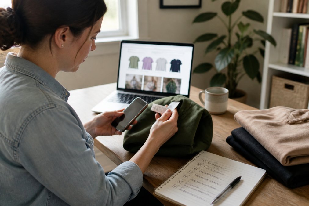 Infographic checklist for verifying sustainable statement apparel while shopping online at a desk.