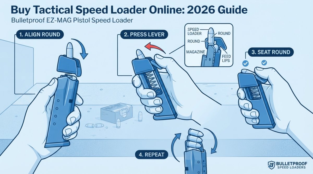 Close-up of hands demonstrating proper speed loader technique with pistol magazine at outdoor shooting range bench, showing correct finger positioning on lever and round alignment with feed lips