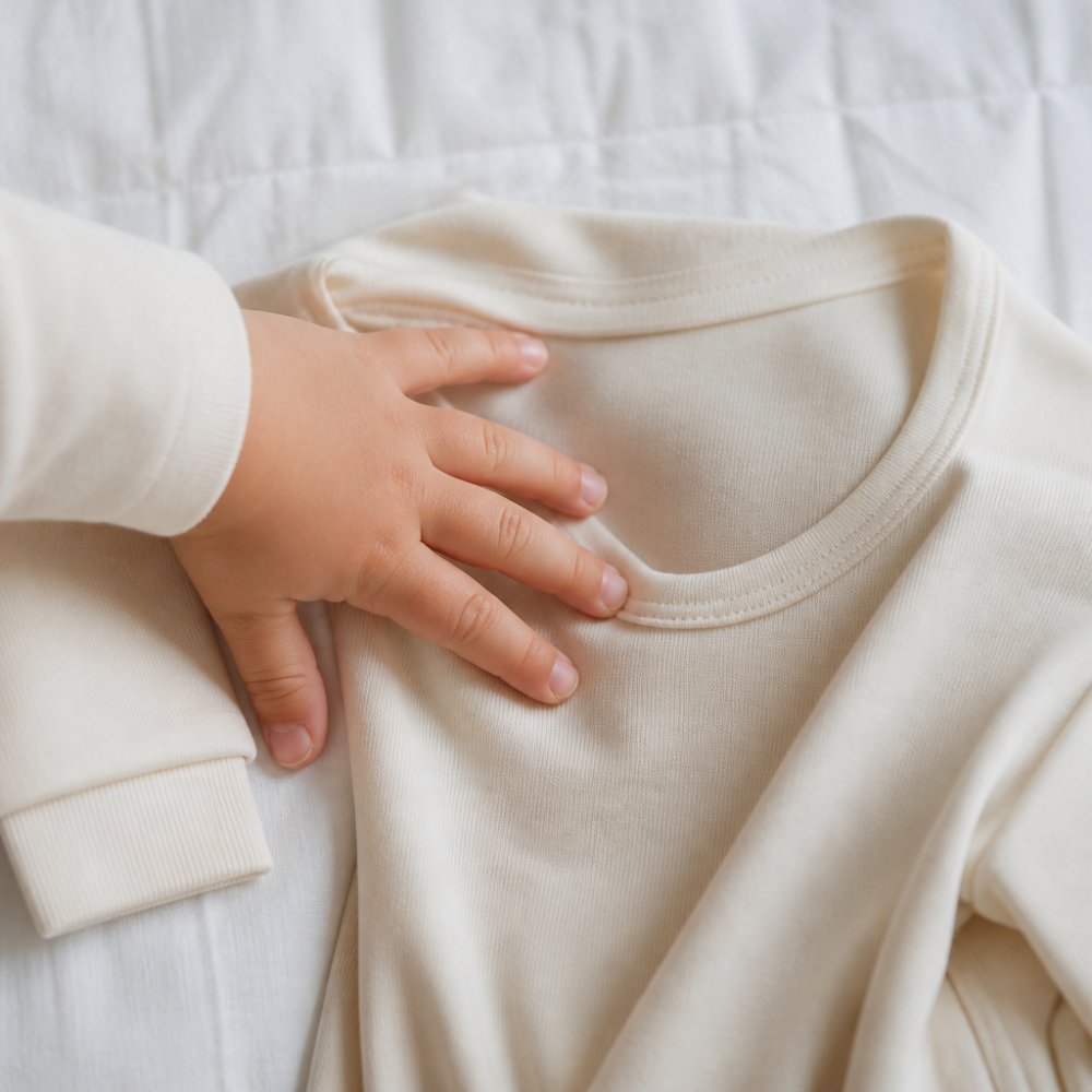 Diagram illustrating the sensory benefits of tagless, soft organic cotton fabric for children