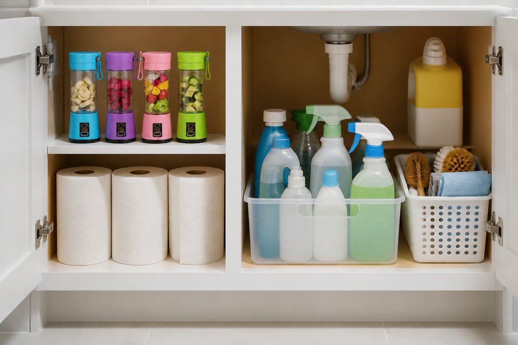 Well-organized cleaning supplies neatly arranged on shelves with labeled bottles of disinfectant, dish soap, and paper towels in a bright, modern bathroom cabinet