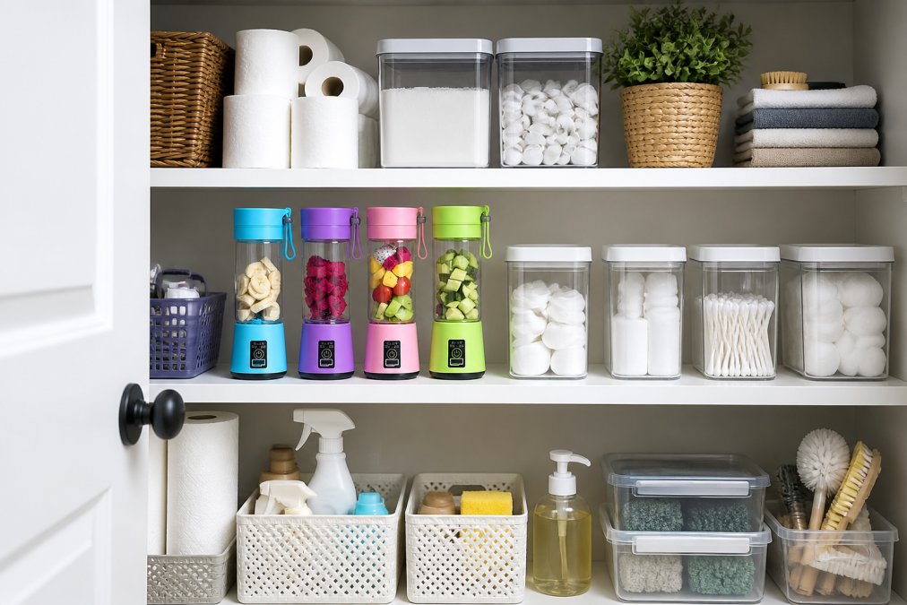 Organized pantry closet with labeled clear storage containers holding cleaning supplies, paper products, and household essentials on tiered shelving with efficient vertical storage