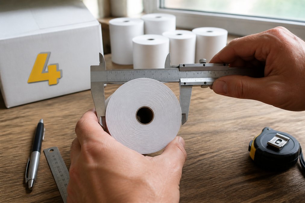 Close-up of hands holding a calliper against a thermal till roll positioned on a flat wooden surface, measuring the diameter with precision, natural daylight from a nearby window