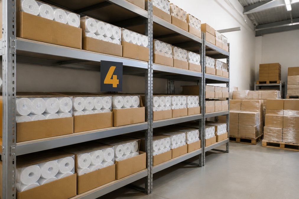 Neatly organised boxes of thermal receipt rolls stacked on metal shelving in a cool, dry warehouse environment with soft overhead lighting and clearly visible product labels