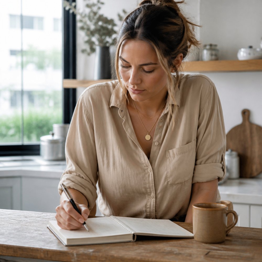 Professional woman wearing a delicate gold chain necklace layered with a pendant in modern office setting with natural window lighting, demonstrating how the piece complements professional attire
