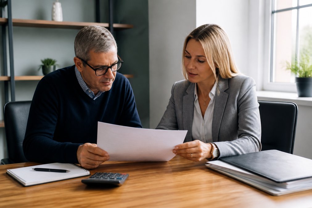 A landlord and a property manager reviewing a printed fee breakdown at a desk in a bright office, laptop and calculator visible, natural window light