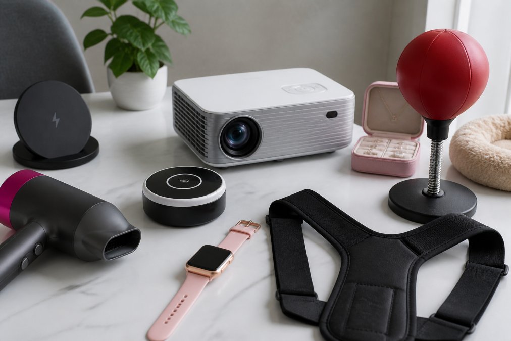 Flat-lay arrangement of modern tech gadgets including wireless chargers, portable projectors, and smart devices on a clean white desk surface with natural lighting
