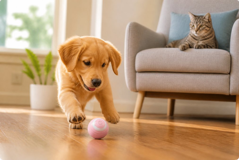 A happy golden retriever puppy batting a colorful interactive toy ball across a sunlit living room hardwood floor, while a tabby cat watches from a nearby armchair