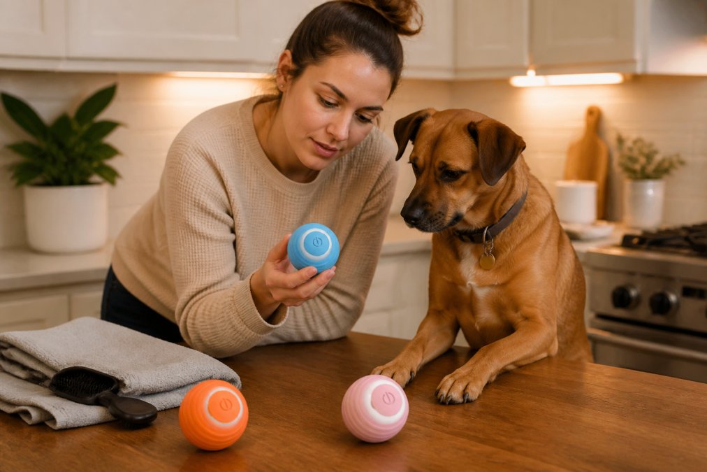 A woman in her early thirties kneeling beside a medium-sized brown dog on a kitchen counter, carefully reading the label on a pet grooming tool under warm overhead lighting