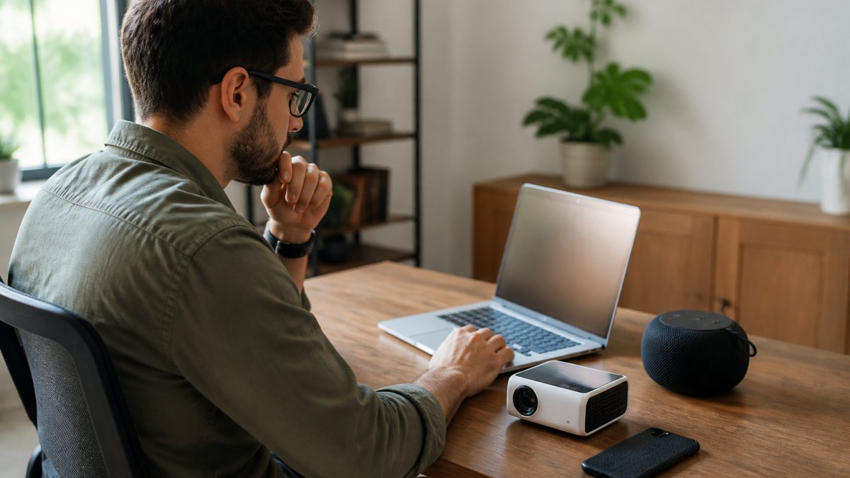A person browsing an online store on a laptop with a small projector, Bluetooth speaker, and phone case arranged on a desk beside them, warm natural light, modern home office setting