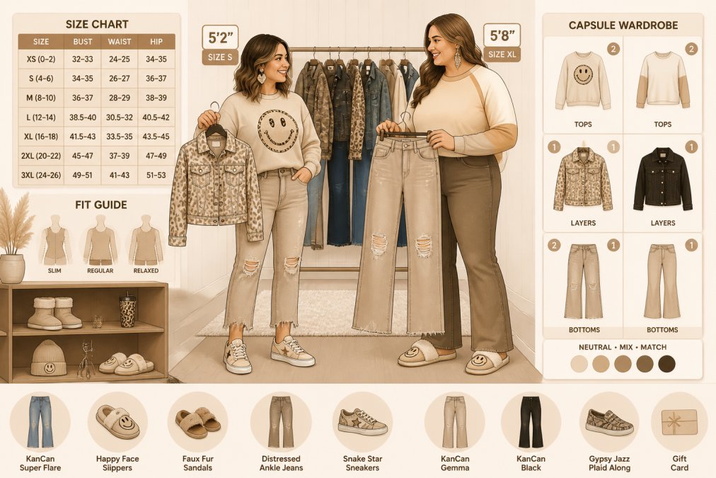 Two women of different body types and heights smiling and comparing clothing items side by side in a well-lit, cozy boutique dressing area with a size chart poster visible on the wall behind them and a rack of colorful jeans and jackets in the background
