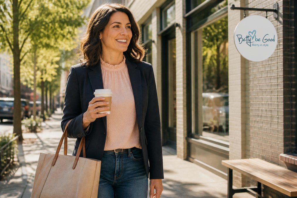 A woman in her mid-thirties wearing a ruffle-neck blouse layered under a blazer, holding a coffee cup and a tote bag, photographed outdoors on a sunny day in a casual city setting