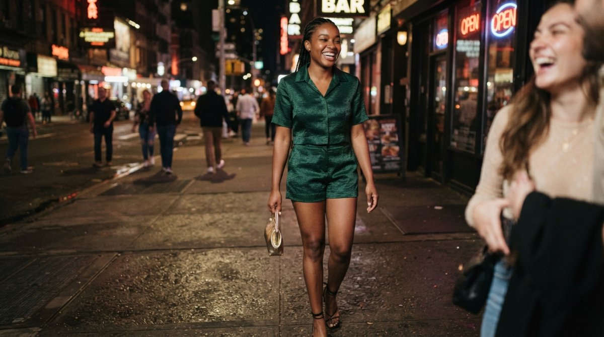 A confident young woman wearing a matching two-piece short set, posing on a city street at night with neon lights in the background, holding a small clutch