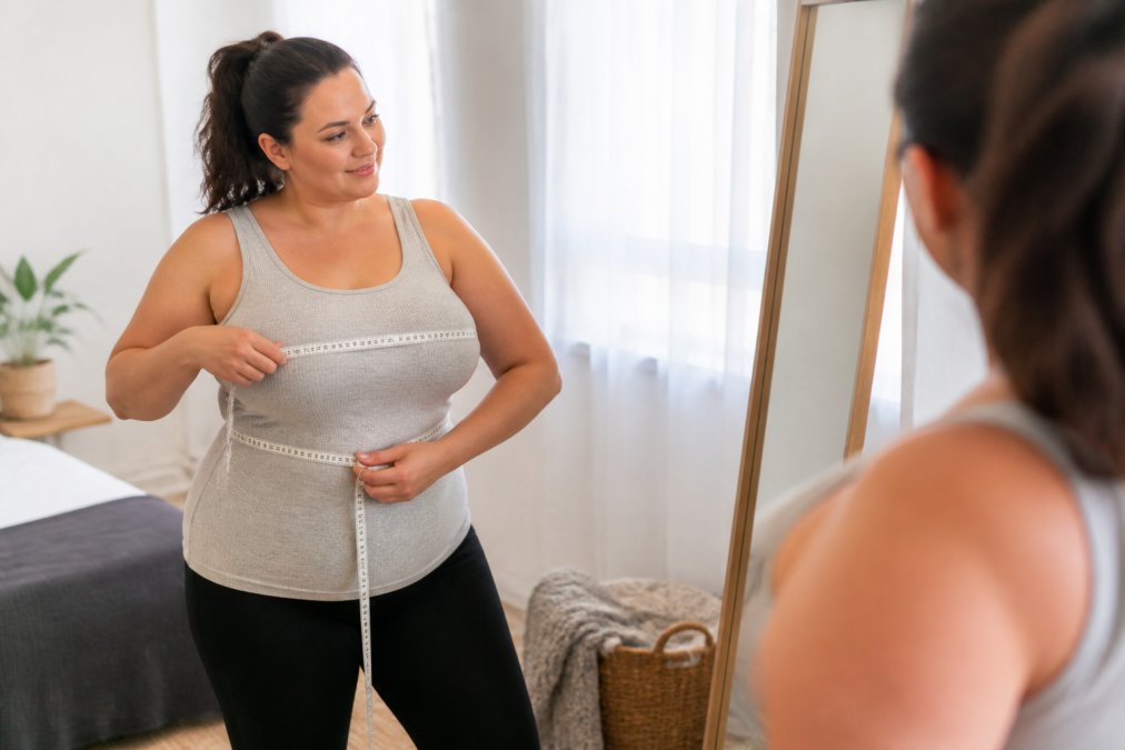 Woman measuring her chest and waist with a soft measuring tape, standing in natural light near a mirror, showing proper measurement technique