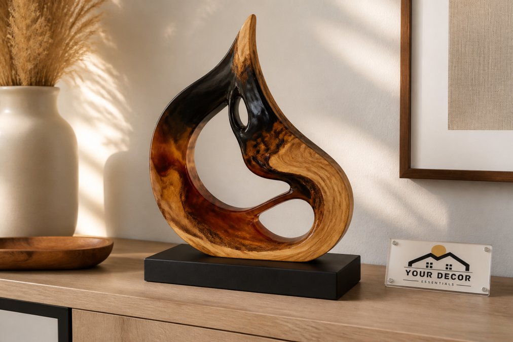 Close-up of an abstract resin and wood sculpture on a modern console table, warm ambient light casting soft shadows on a neutral wall