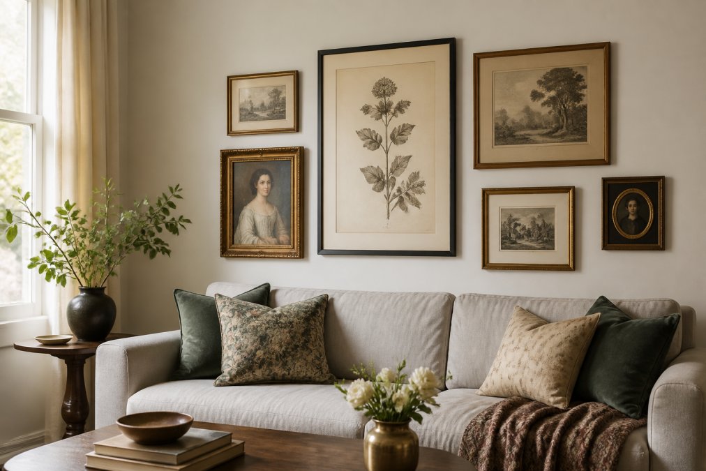 A styled living room wall featuring a curated gallery wall with framed historical art prints, including a sepia-toned botanical and a classic portrait, arranged above a modern sofa in warm natural light