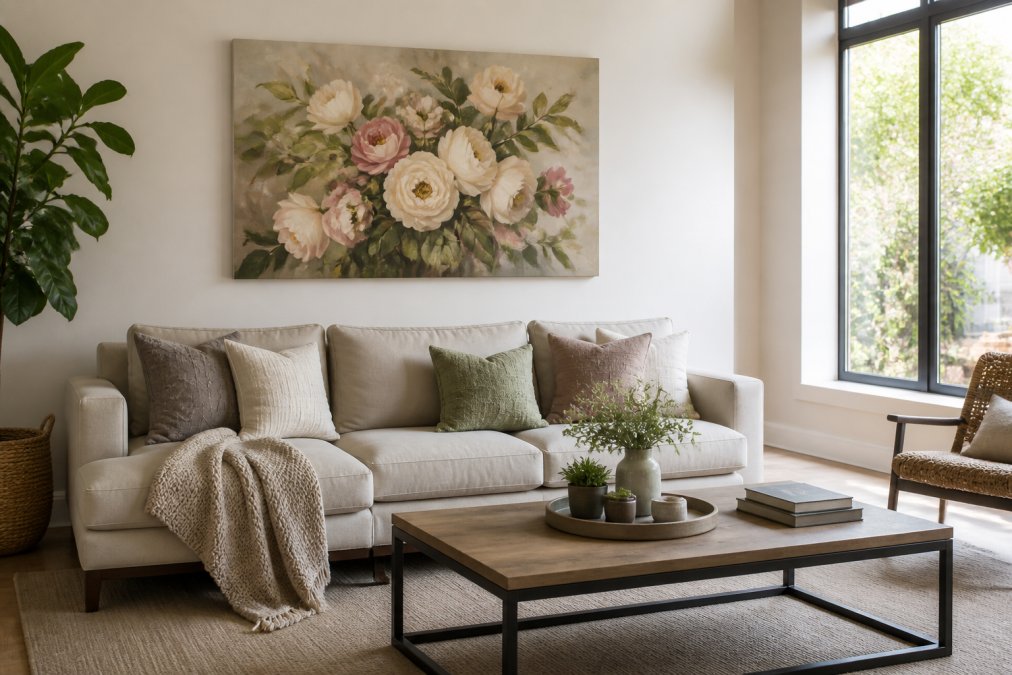 A bright modern living room with a large floral canvas print hung above a neutral linen sofa, layered with textured throw pillows and a woven blanket, natural light streaming through a large window onto a light wood floor