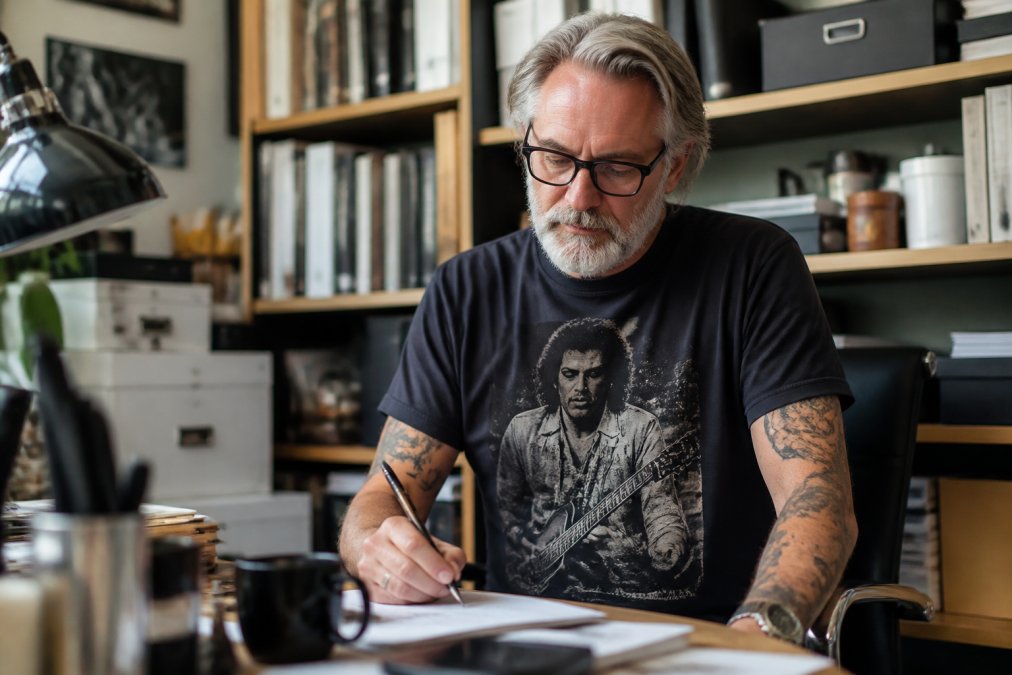 Mature adult wearing a well-fitted vintage-style band tee featuring iconic rock musician artwork, styled casually with dark jeans and relaxed posture in natural daylight, demonstrating timeless, age-appropriate styling