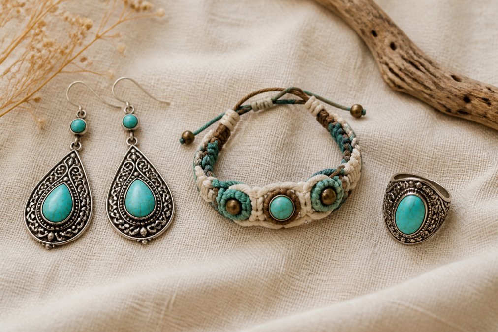 A flat-lay photo of the featured boho jewelry pieces on a natural linen fabric, styled with turquoise earrings, a macrame bracelet, and a statement ring, with soft natural light