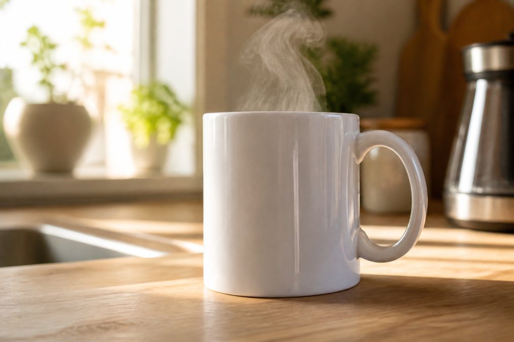 Glossy white ceramic mug with bold red lettering steaming on a rustic wooden kitchen counter in soft morning light