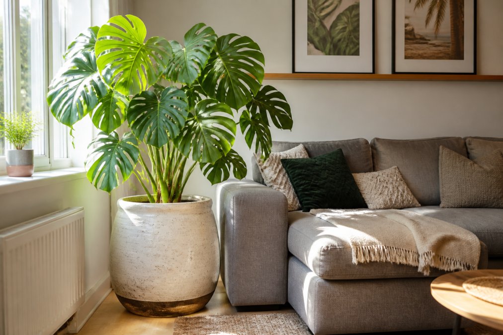 A large monstera deliciosa plant in a substantial handmade ceramic pot positioned beside a modern sofa near a bright window, showing the pot's scale and interior styling context with natural light illuminating the plant's leaves