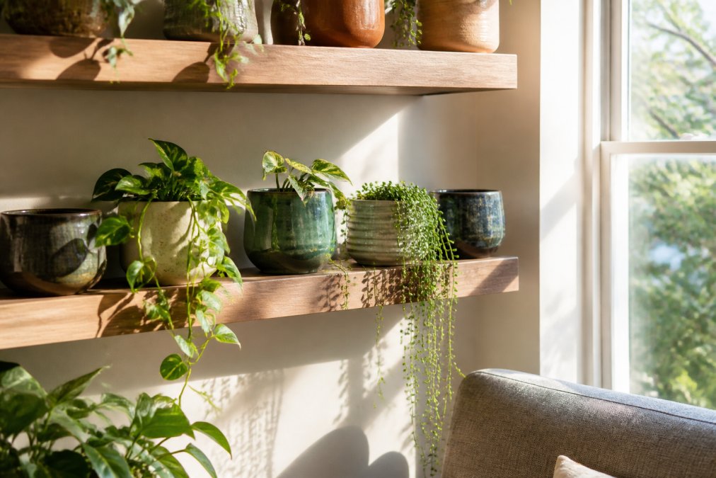 A bright living room corner with a collection of ceramic plant pots in different glazes and finishes, displaying trailing pothos and string of pearls on a wooden floating shelf with warm natural light streaming through a nearby window, creating shadows across the wall