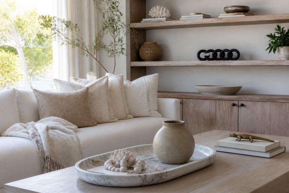 Infographic mapping the essential decor elements for a curated coastal living room aesthetic
