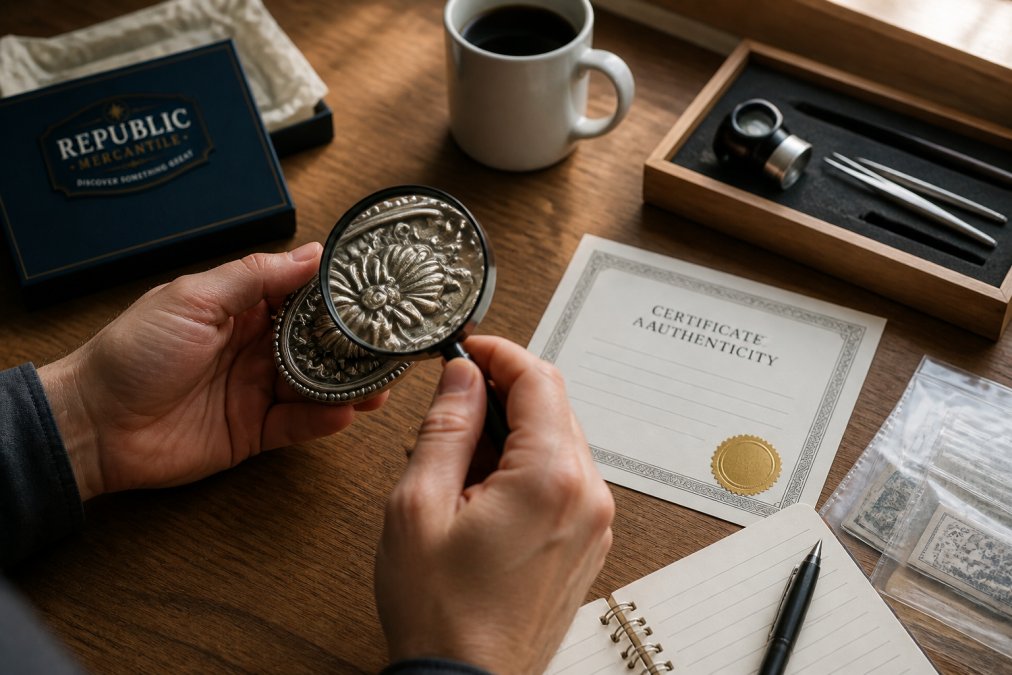 Hands of a collector examining a detailed collectible item under a magnifying glass, with authentication documents, certificate of authenticity, and a loupe visible on a wooden desk in natural daylight