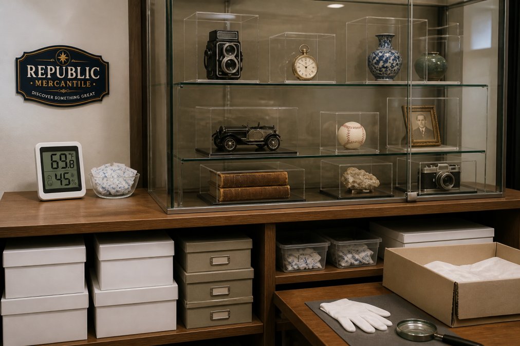 Well-organized climate-controlled storage display case with protective acrylic covers on collectible items, archival storage boxes, silica gel packets, and temperature-humidity monitoring equipment visible on shelves